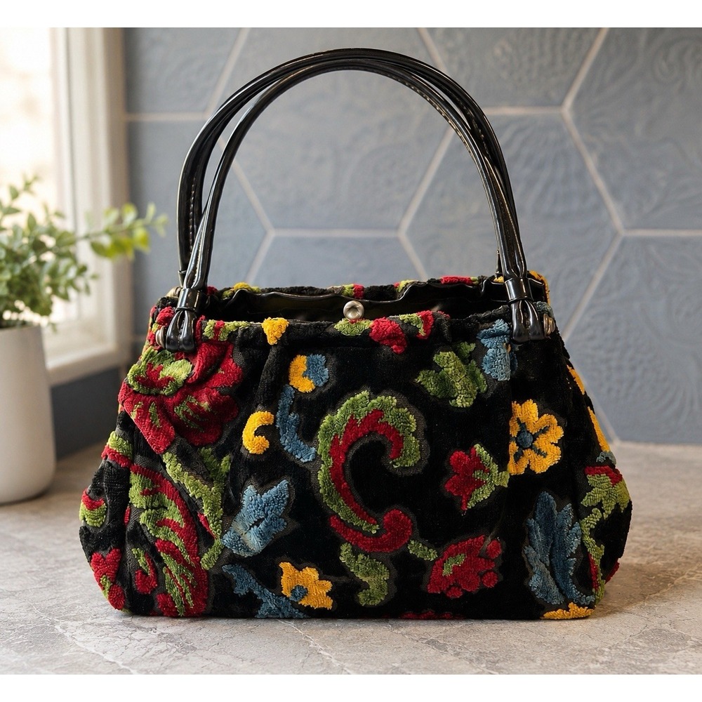 Vintage Floral Chenille Handbag Black Tapestry Carpet Bag Purse Double Handle